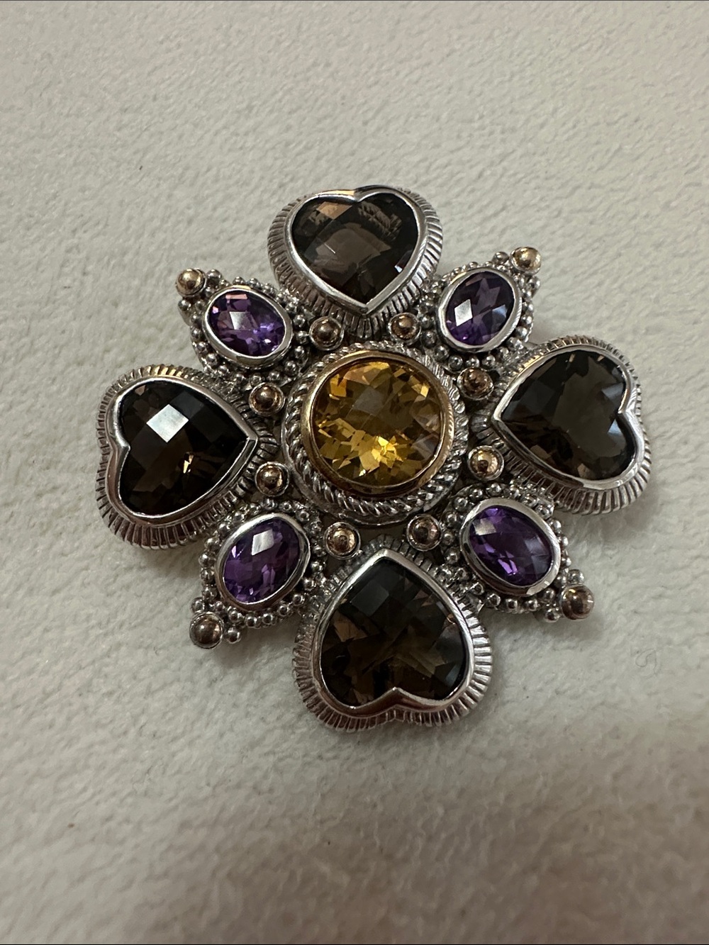 Judith Ripka Sterling Silver and 14k gold Multi-Gemstone brooch/ necklace